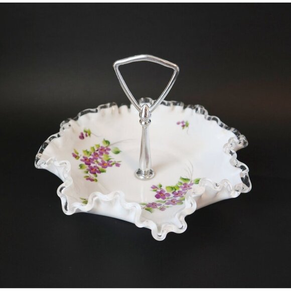 Vintage Fenton Ruffled Tidbit Candy Dish Milk Glass Silver Crest Handle Violets - Picture 3 of 5